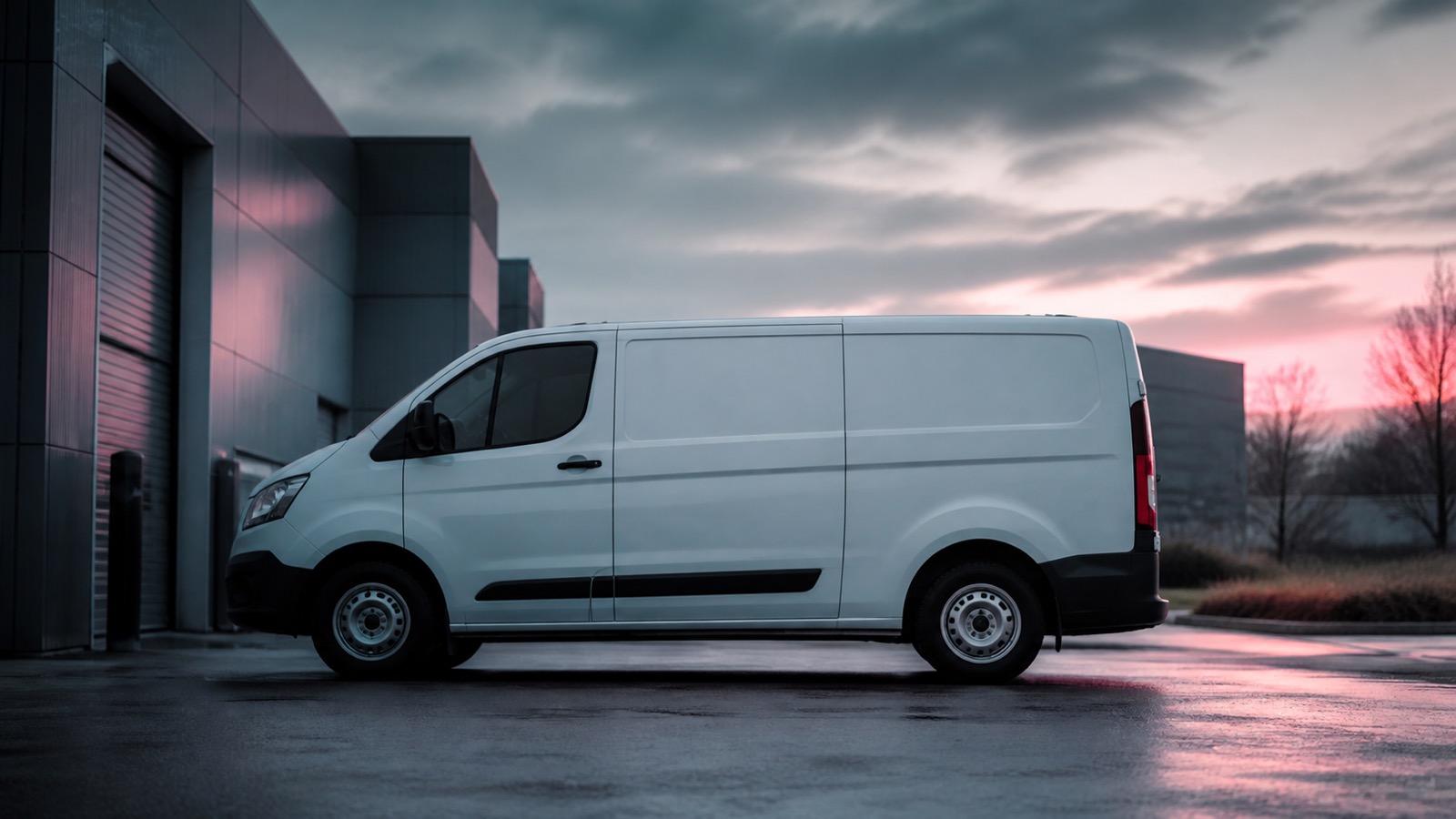 Plain white panel van parked on a UK industrial estate at dawn