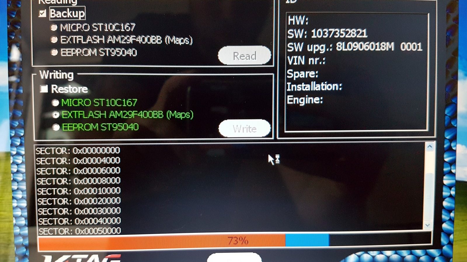 Alientech K-TAG software screen reading a Bosch ME7.5 ECU in boot mode