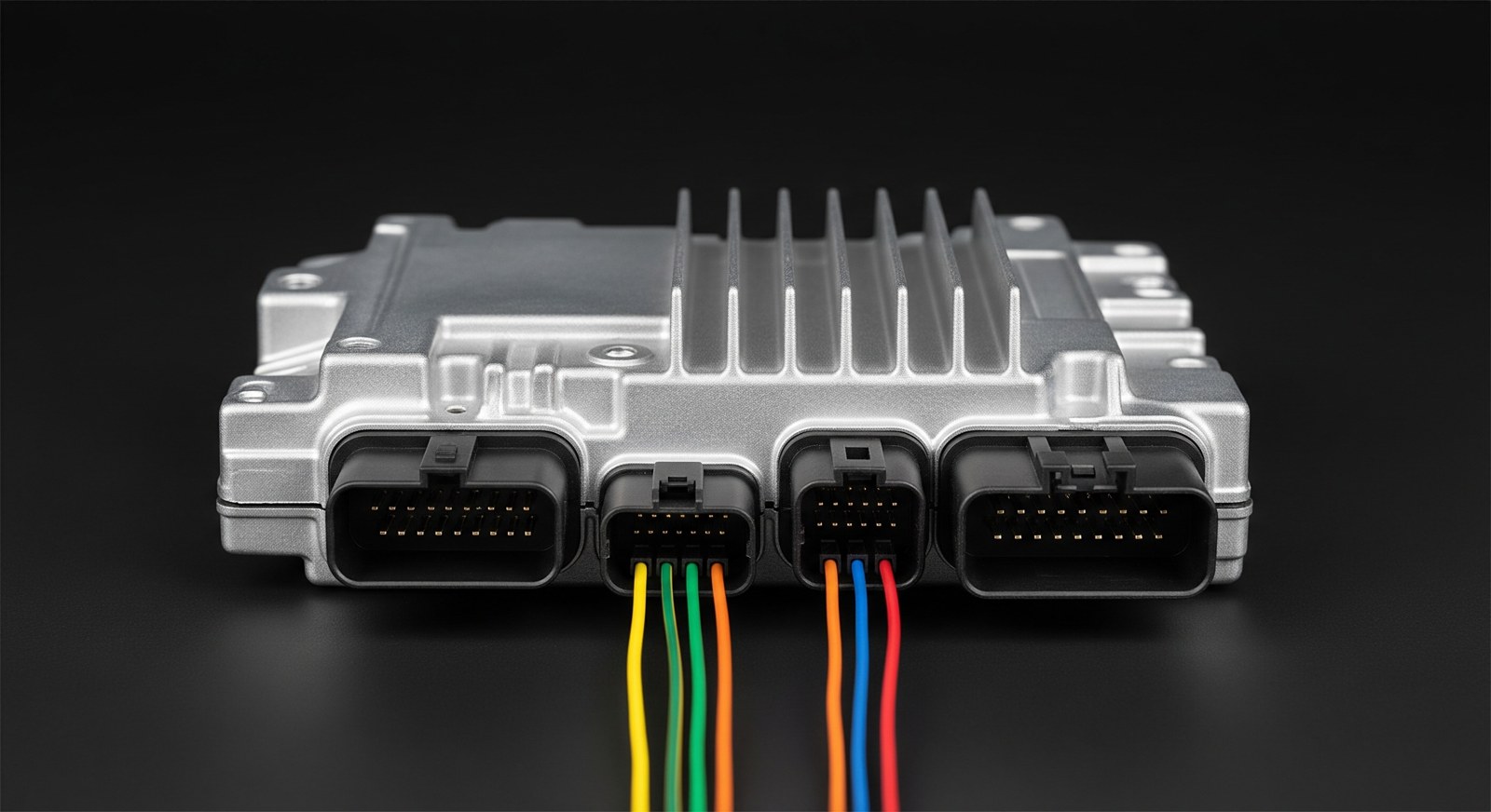 A closed car ECU on the bench with fine wires onto its connector pins